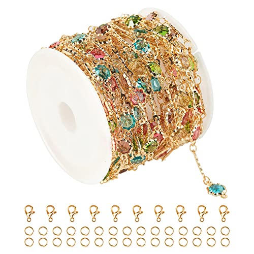 16.4 Feet Gold Plated Chains for Jewelry Making, Mixed Color Rhinestone Chain Links Bracelets Necklace Anklet Chain Bulk with Jump Rings Lobster Clasps - color: Colorful Rhinestone- Gold