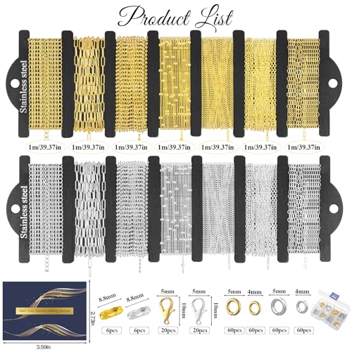 HUISUYTON Necklace Chain for Jewelry Making,45.93 FT 14 Rolls Stainless Steel Jewelry Chains Bulk with Jump Rings, Lobster Clasps, Connectors for DIY Necklace Earring Bracelet(Gold & Silver) - color: Gold and Silver-45.93Ft