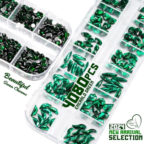 qiipii Emerald Green Nail Rhinestones Multi Shapes Flatback Green Crystals Gems Round Beads K9 Glass Stones Diamonds jewels Nail Art Supplies Nail Charms for Nails Faces Eyes Makeup Crafts DIY - color: Emerald Green, size: B Set
