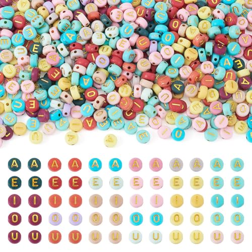 FASHEWELRY 500Pcs 7x3.5mm Flat Round Letter Beads Bulk Colorful Acrylic Beads with Golden Vowel Letter Bead Loose Spacer Alphabet Beads for Bracelets Earring Necklace Jewelry Making Supplies
