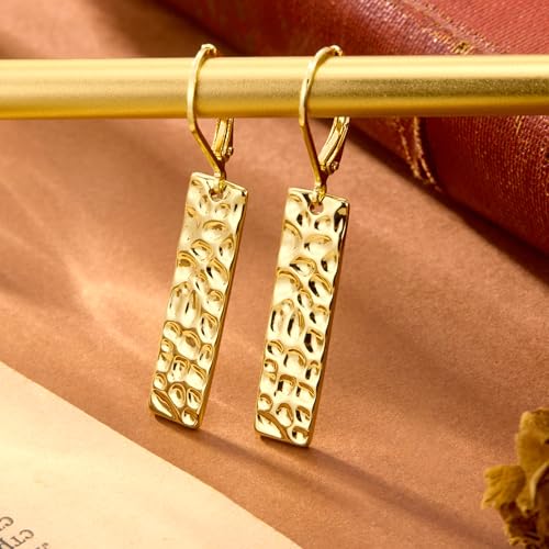ALEXCRAFT 925 Sterling Silver Dangle Earrings for Women, 14K Gold Plated French Leverback Earrings, Hypoallergenic Lightweight Statement Hammer Square Bar Long Drop Earing for Women Trendy Jewelry - color: GoldC