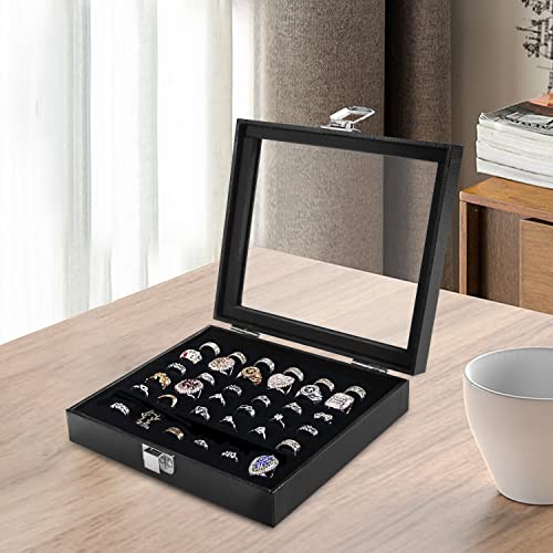 Ring Jewelry Organizer Box, 36 Slots Rings Display Storage Case Earring Showcase - Black Velvet Jewelry Stand Holder Tray with Transparent Glass Lid - Ideal Gift for Women Girl - size: 36 Slot