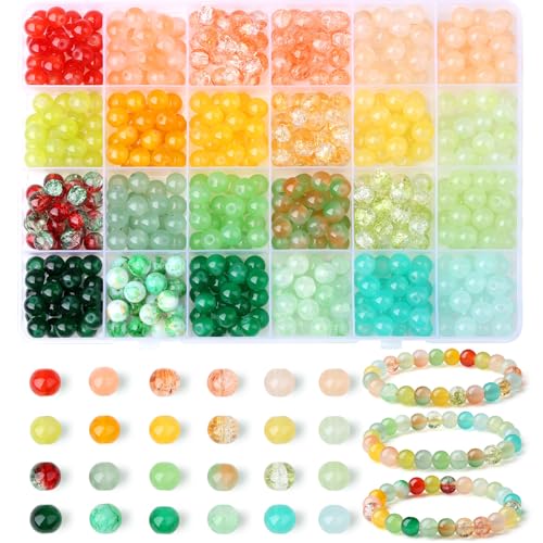 DUQGUHO 8mm Red Yellow and Green Beads for Bracelets Glass Beads for Jewelry Making 24 Colors Round Beads Bulk 520PCS - color: 11-Red Yellow Green