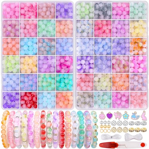 1711pcs 8mm Glass Beads for Jewelry Making - 48 Colors Glass Crystal Beads for Bracelets, Round Glass Beads Friendship Bracelet Making Kit Beads DIY Crafts for Adults - color: Gradient colors