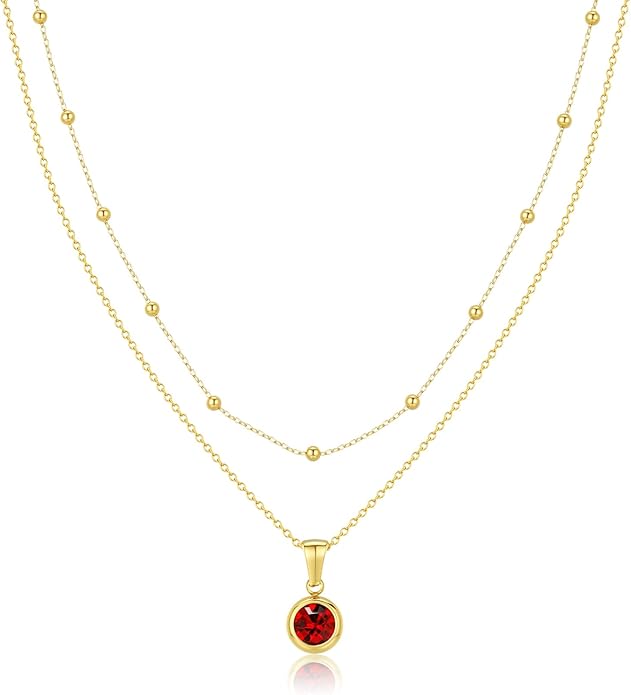 14K Gold-Plated Women's Double-Layer Birthstone Necklace Delicate Round Birthstone Pendant with a Simple Necklace, a Birthday Gift for Women Teenage Girls