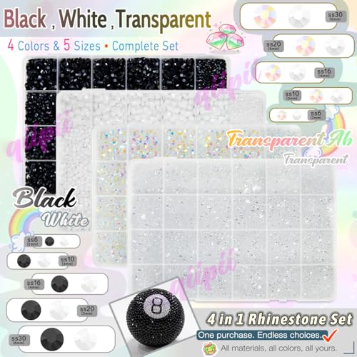 qiipii 4 Colors 2-6mm Black White Transparent Jelly Resin Rhinestones w B7000 Jewelry Glue for Bedazzling Crafting Flatback Stones Gems Diamonds for Nails Face Eyes Makeup Tumblers Bottles DIY Crafts - color: Black / White / Transparent Series Rhinestones