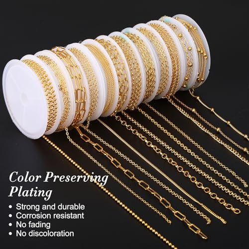 12 Rolls 39.4 Feet Gold Chains for Jewelry Making DIY Necklace Bracelet Chains Bulk Kit 178 Bracelet Charms 350 Jump Rings 80 Lobster Clasps Pliers Accessories Mother Day Graduation DIY Gift for Women