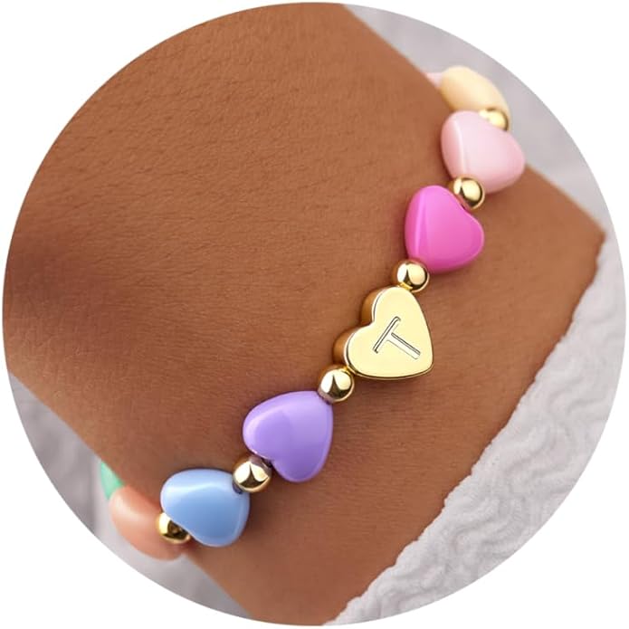 Valentines Day Gifts for Kids Women Girls, Initial Heart Bracelets for Teen Girls Young Women Bulk, Cute Preppy Letter A-Z Charm Bracelet, Personalized Happy 3-18 Year Old Birthday Gifts for Daughter, Lover, Sisters, Toddler