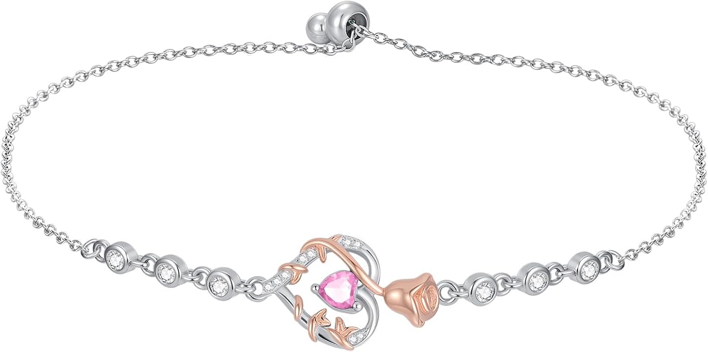 Birthstone Charm Link Bracelet 925 Sterling Silver Rose/Heart/Mom Bracelet with 12 Months Birthstone Mother's Day Gift Jewelry Gifts for Women,Chain Length 7"+2" Extend