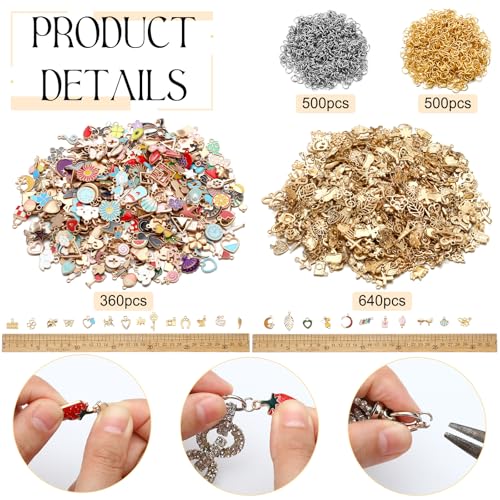 Trnayi 2000 Pcs Charms for Bracelets Jewelry Making Mixed Bracelets Charms Bulk 1000 Gold Enamel Pendants with 1000 Open Jump Rings for DIY Necklace Bracelet Earrings Keychain Jewelry Crafting