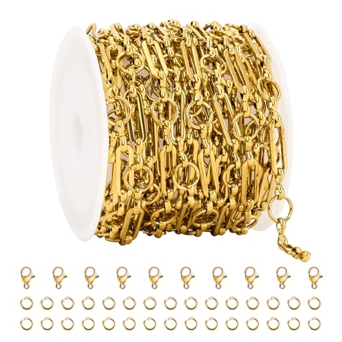YOUBEIYEE 4 Meters Gold Plated Chains for Jewelry Making Stainless Steel Circle Paperclip Chain Roll with Jump Rings and Lobster Clasps - color: Circle Paperclip Gold
