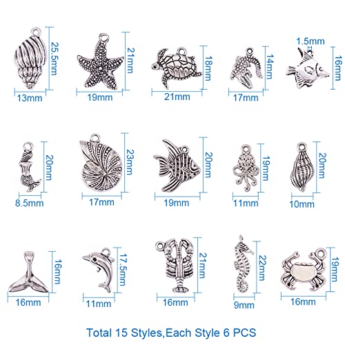 PH PandaHall 90pcs 15 Style Ocean Fish Charms Tibetan Seashell Marine Pendants Antique Silver Animal Sea Creatures Charms Pendants for Wakiki Hawaii DIY Bracelet Necklace Keychain Jewelry Making - color: 15 Styles Sea Creatures - 90pcs