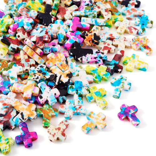 100 Pcs Turquoise Cross Beads Colorful Stone Cross Charms Synthetic Turquoise Stone Beads Easter Cross Crucifix Charms for Easter Holiday Bracelet Necklace Jewelry Making - color: Colorful-Cross