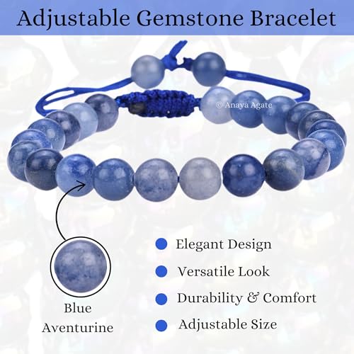 ANAYA AGATE Energy Protection Crystal Handmade Adjustable Bead Bracelet Perfect for Men, Women’s Christmas Gift - Gemstone Healing Stretch Bracelet Pulsera Para Hombre Mujer Stocking Stuffer - color: Blue Aventurine