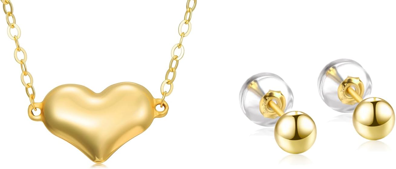 SISGEM Real 14k Yellow Gold Heart Necklace and 18k Gold Ball Earrings Set for Women