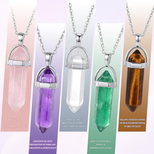 Yaomiao 5 Pieces Crystal Necklaces, Healing Stones Spiritual Pendant Natural Gemstone Jewelry with Adjustable Chain for Women Girls - color: Mixed Color with Crystal