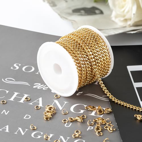 Kyutong 16.4 Feet Gold Plated Craft Chains for Jewelry Making Stainless Steel Curb Chain Roll for Women Men Necklace Bracelet DIY Supplies Findings - color: Gold Curb