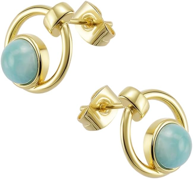 Larimar Stone Stud Earrings for Women, Gold Plated Brass