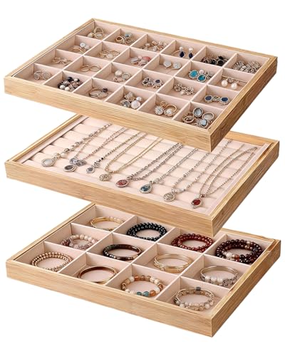 Rocutus Jewelry Trays,3 Pack Stackable Velvet Jewelry Organizer Tray Drawer Jewelry Storage Tray,Divided Ring Organizer Tray for Earrings, Necklaces, Bracelets,13.8"x9.5"x1.2" (Wood) - color: Wood