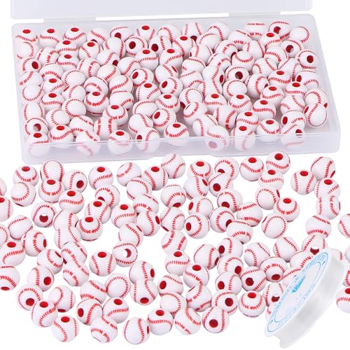 100pcs Baseball Beads with 5.5 Yard Elastic Rope,Acrylic Softball Beads Sports Bead DIY Spacer for Necklace Bracelet Keychains Handmade Jewelry Making Accessories Craft Supplies,12mm(White) - color: White Baseball