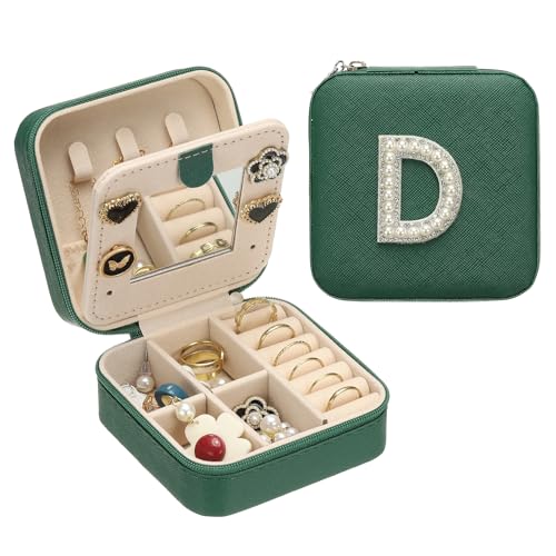 PATIKIL Travel Jewelry Case,D Initial Small Travel Jewelry Box Organizer Rings Earrings Storage Case Personalized Gifts for Women Girls Birthday Christmas Bridesmaid Gifts,Dark Green - style: D