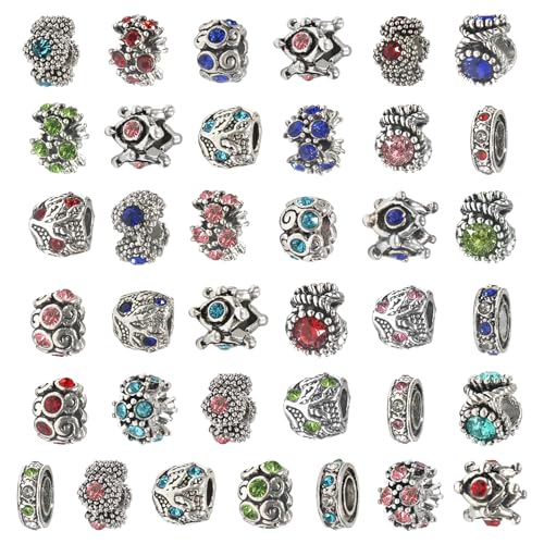 TOAOB 30pcs Assorted Rhinestone European Antique Silver Plating Silver Lampwork Charming Beads Inlaid Rhinestone Large Hole Spacer Beads Charms Supplies for Bracelet Necklace Jewelry Making