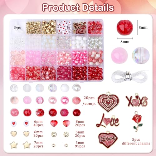 DUQGUHO Valentine's Day Beads for Jewelry Making, 8mm Red Pink White Glass Beads for Bracelet, Heart Beads Gold Bead and Sweet Heart Charms for Bracelet Necklace Crafts DIY 580PCS - color: 14-Red Pink White