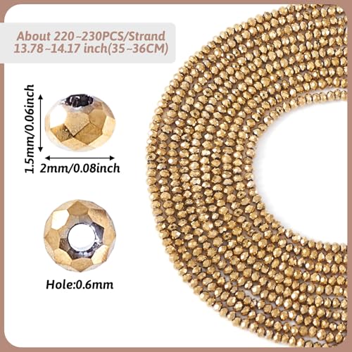 FASHEWELRY 10 Strands Faceted Crystal Glass Beads 2mm Rondelle Briolette Glass Spacer Beads Light Gold Plated for Necklace Bracelet Jewelry Making - color: Light Gold Plated, size: 2mm