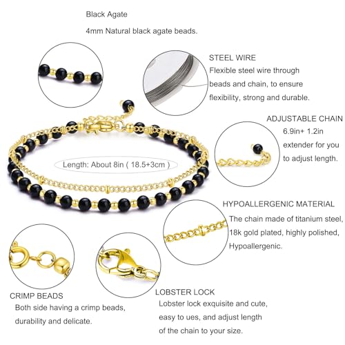 Peridot Stand Silver Gold Bracelets, Handmade Birthstone Stack Bracelet Crystal Gemstones Bead Chain Gift for Women, 8" - color: Black Agate
