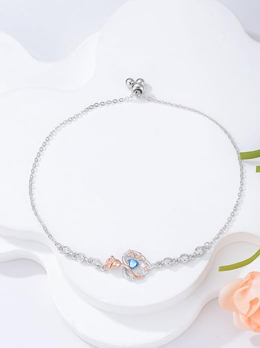 Birthstone Charm Link Bracelet 925 Sterling Silver Rose/Heart/Mom Bracelet with 12 Months Birthstone Mother's Day Gift Jewelry Gifts for Women,Chain Length 7"+2" Extend