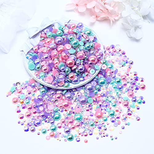 60g Mix Pearls and Half Pearls for Crafts, Tumblers, Shoes, Face Nail Art, 2mm-10mm Mix Pearl Rhinestones for Bedazzling, Pink|Purple|Aquamarine - color: Mermaid Tears Blend | Mix Pink | Purple | Aquamarine