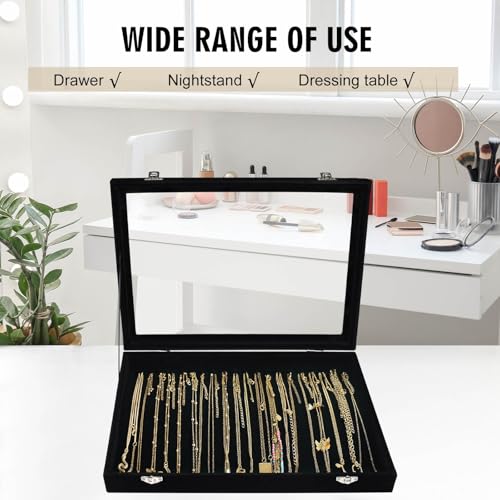 Siveit Necklace Organizer Box Premium 20 Hooks Velvet Necklace Display Jewelry Tray with Transparent Lid Jewelry Necklace Display Box for Necklace Pendants Suitable for Women and Girls (Black) - color: Black