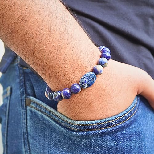 Black Obisidian Bracelets for Men 8" Inch Full Stretch Healing Crystal Bracelet, Beaded Charm Bracelet for Men Gifts Fathers Day Anniversary Birthday Gifts for Him - color: Sodalite & Lapis Lazuli Bracelets