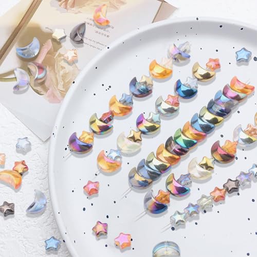 620pcs Mixed Star Moon Glass Beads for Jewelry Making, Shaped Star Moon Spacer Beads with Glass Seed Beads for DIY Supplies Bracelets Necklaces Earrings - color: colorful