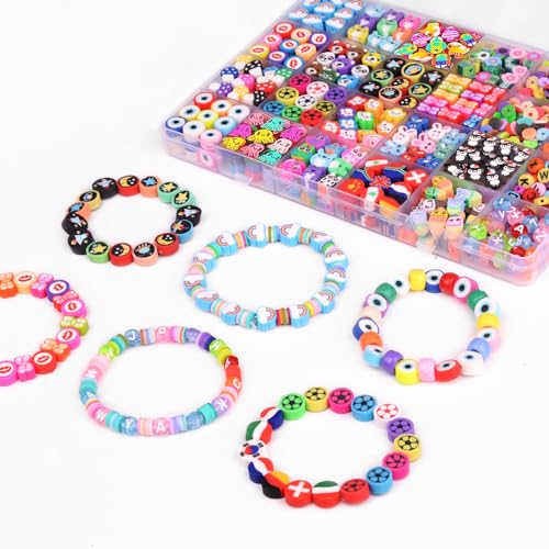 1000PCS Polymer Clay Beads Bracelet Making kit, 24 Style Cute Fun Beads Flower Animal Rainbow Eye Charms for Jewelry Necklace Earring Making DIY Accessories for Women Girls - color: B1#Style 2