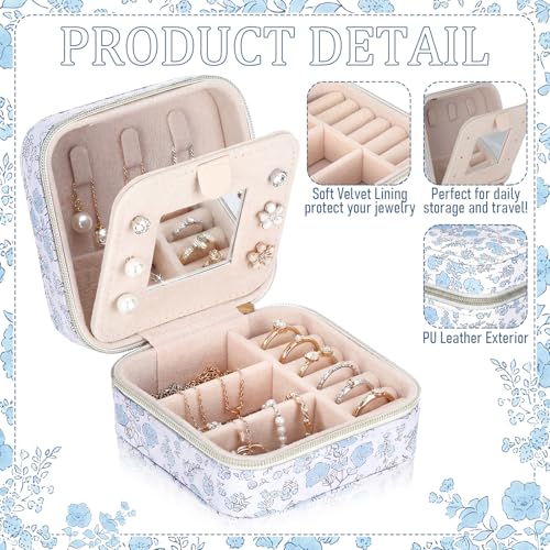 Blue Floral Travel Jewelry Case Quilted Small Jewelry Organizers and Storage Box Gifts with Mirror for Women Girls to Organize Rings, Necklaces Earrings Bracelet Little Accessories Holder