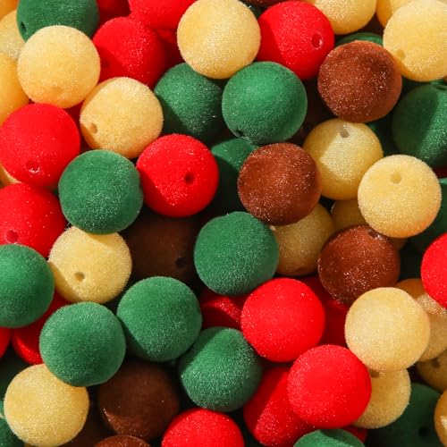 16mm Acrylic Beads 100pcs Christmas Pom Pom Bead Loose Fuzzy Faux Fur Poms Beads for DIY Crafting Necklace Bracelet Jewelry Making Keychain (mrsd) - color: red&yellow&green