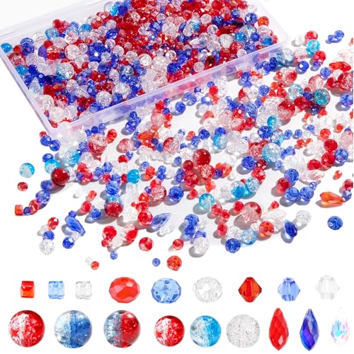 1000PCS Red Blue Glass Beads 4th of July Crystal Patriotic DIY Bracelets Beads for Jewelry Necklace Wristband Earring Key Chain Crafts Kit (Red, Blue, White) - color: Red, Blue, White