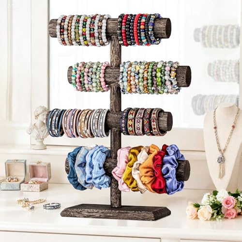 LadyRosian 4 Tier Wooden Display Jewelry Accessory Stand Jewelry Bracelet Holder Bangle Watch Necklace Storage Jewelry Holder Stand Display Organizer (Brown-4 layers) - color: Brown 4-Tier