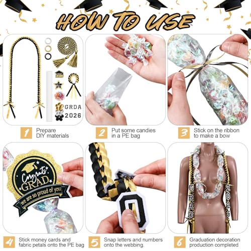 Graduation Candy Lei Making Kit Class of 2026 DIY Lei PE Bags Tubing Money Leis 2026 Graduation Ribbon Necklace Include 2 x 5 ft PE Bags 90 Pcs Flower Accessories for Grad Party Supplies (Gold, Black) - color: Gold, Black