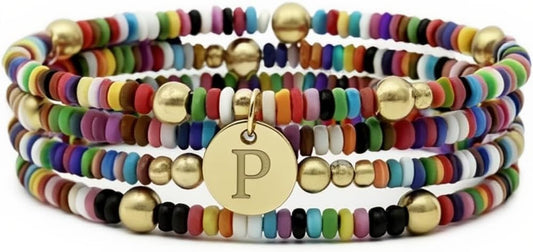 Set of 4 Colorful Bead Initial Bracelets, Personalized Stackable Jewelry, Adjustable Stretchy Charm Bracelets for Women, Beaded Bracelet Set, Trendy Custom Jewelry Gift