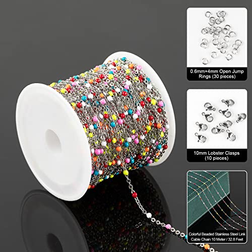 UMAOKANG 33 Feet/10M Silver Jewelry Chains Soldered 304 Colorful Beaded Stainless Steel Link Cable Chain Necklace Bulk for Jewelry Making with 10 Lobster Clasps and 30 Jump Rings - color: Colorful Bead-Steel