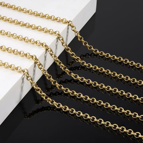 KYUNHOO 9.8FT/3M Gold Chain for Jewelry Making Textured Circle Links on Spool Stainless Steel Jewelry Chains Bulk for Necklace Bracelet DIY with Lobster Clasps Jump Rings - color: Circle Gold