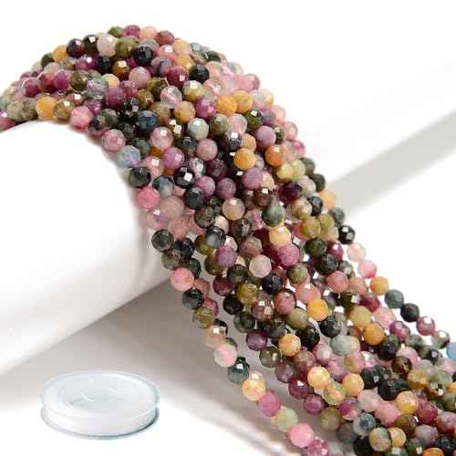 AD Beads Natural Gemstone Diamond-Cut Micro-Faceted Round Tiny 4mm Small Round for DIY Necklace Jewelry Making Beads (Multi Color Tourmaline) - color: Multi Color Tourmaline