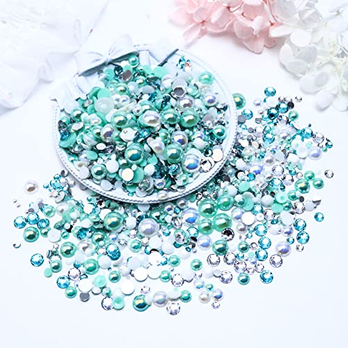 60g Mixed Flatback Pearls and Rhinestones for Crafts, Tumblers, Shoes, Face Nail Art, 2mm-10mm Half Pearls and Flatback Rhinestones for Bedazzling, Aquamarine|White - color: Aquarius Blend | Mix Aquamarine | White