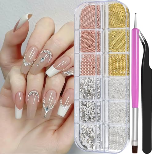 3D Mini Small Metal Stainless Steel Caviar Nail Beads Balls, 0.8-3mm Gold Silver Alloy Nail Art Chain Charms Studs with Tweezers and Dual-end Brush (4-K1-metal-beads-rhinestones) - color: 4-K1-metal-beads-rhinestones