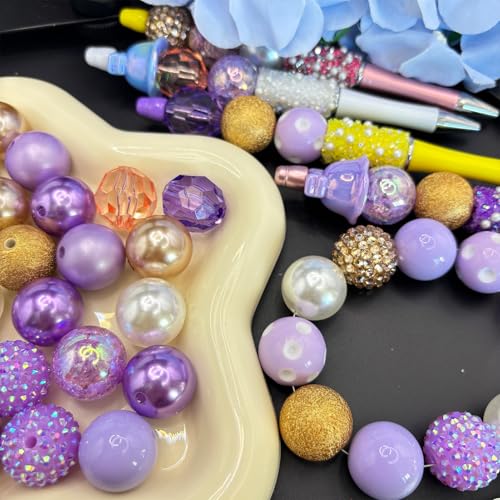 50PCS Bubblegum Beads 20mm，Large Beads for Jewelry Making，Round Circle Chunky Bead for Craft Pen Keychain Bracelets, beadable for Dog cat Collar Necklace (Mixed Gold/Purple/White) - color: Mixed gold/purple/white