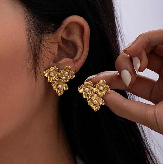 Gold Flower Statement Earrings for Women, Large Chunky Bohomian Summer Beach Floral Earring, Irregular Bold Exaggerated Earrings