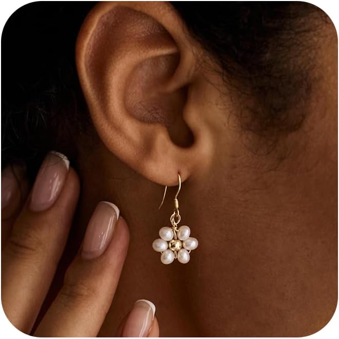 Gold Pearl Dangle Earrings for Women, 14K Gold Plated Small Pearl Drop Huggie Hoop Earrings, Hypoallergenic Dainty Gold Earrings Wedding Jewelry Gifts for Women Trendy