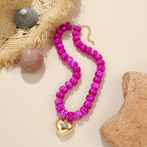 Chunky Heart Necklace for Women, Colorful Acrylic Beaded Statement Puff Heart Necklace, Cute Boho Y2K Choker Necklace for Gift Jewelry - color: Rose